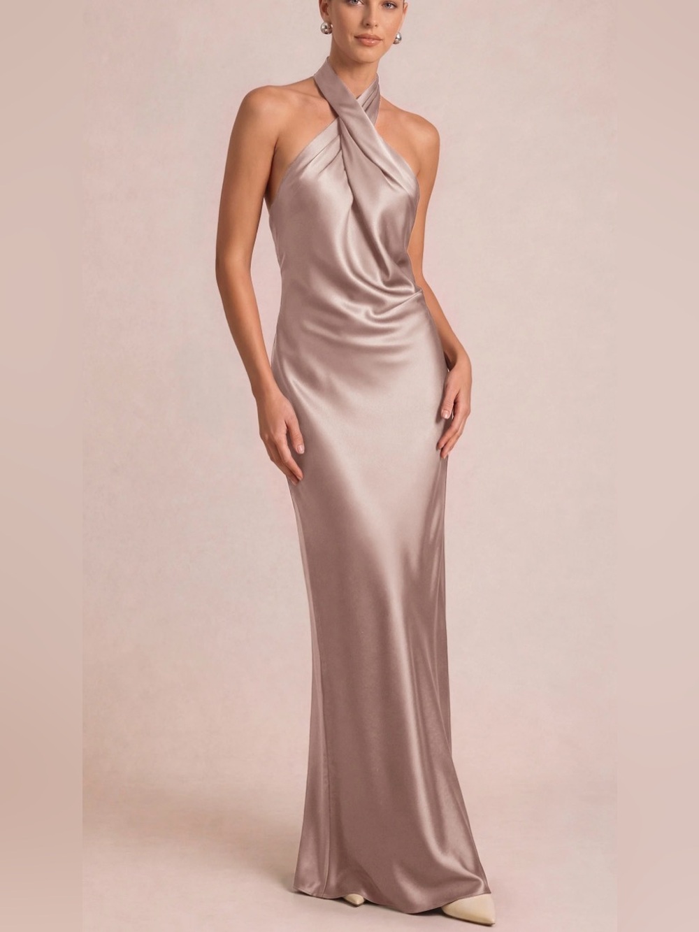 Birdy Grey Pink Halter Gown Evening Shiny Cross Front Bridesmaid Maxi Dress XS